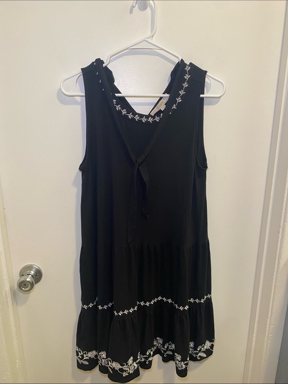 LOFT Black Sleeveless Midi Dress with White Floral Embroidery